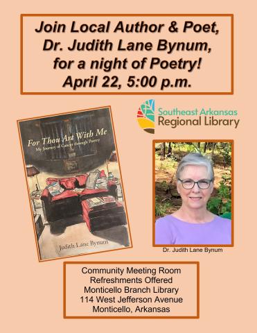 Judy Bynum meet and greet at Monticello Library April 22, 2022 at 5:00 pm Light refreshments will be available.