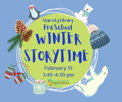 Winter animals, preschool storytime on Tuesday, Feb. 13, 3:45-4:30 pm. 