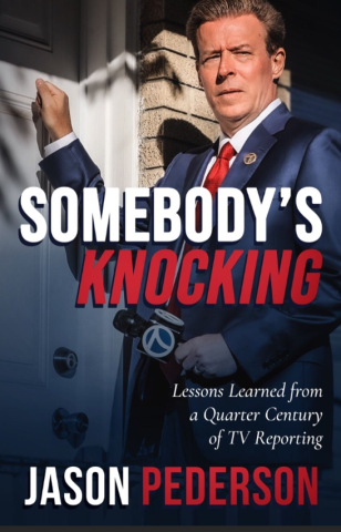 Jason Pederson knocking on a residential door with the title of the book in red and white lettering. The title is "Somebody's Knocking"