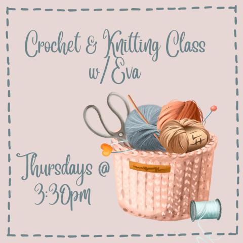 Thursdays @ 3:30. Whether you are a beginner wanting to learn or an expert looking for a friendly group to work on your projects with, this is the group for you! Limited needles and yarn are available for beginners that want to try it out before they invest in supplies. No registration necessary!