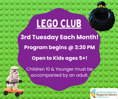 Lego Club every third Tuesday for children ages 5 and older. Green Lego base plate background with purple shape and white text on top.