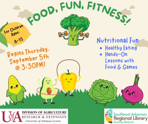 Food, Fun, Fitness! for children ages 8-15; program begins Thursday, September 5, at 3:30 PM. Cartoon vegetables working out. 