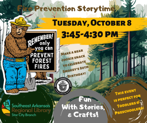 Storytime advertisement for October 8 at 3:45 with picture of Smokey the Bear