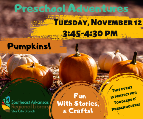 Storytime advertisement for November 12 at 3:45 with pumpkins