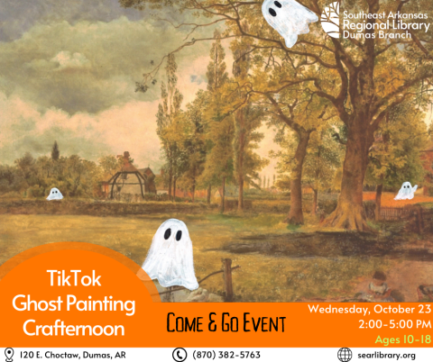 Image of a painting with painted ghosts. Text: TikTok Ghost Painting Crafternoon, Come & Go Event, Wednesday October 23, from 2-5 PM for ages 10-18