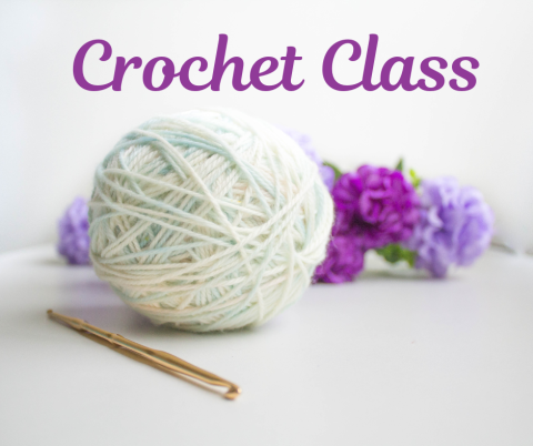 Crochet Class with crochet needles and yarn