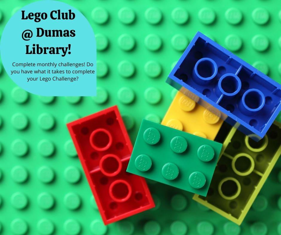 Legos with Lego base plate announcing Lego Club at Dumas Library.