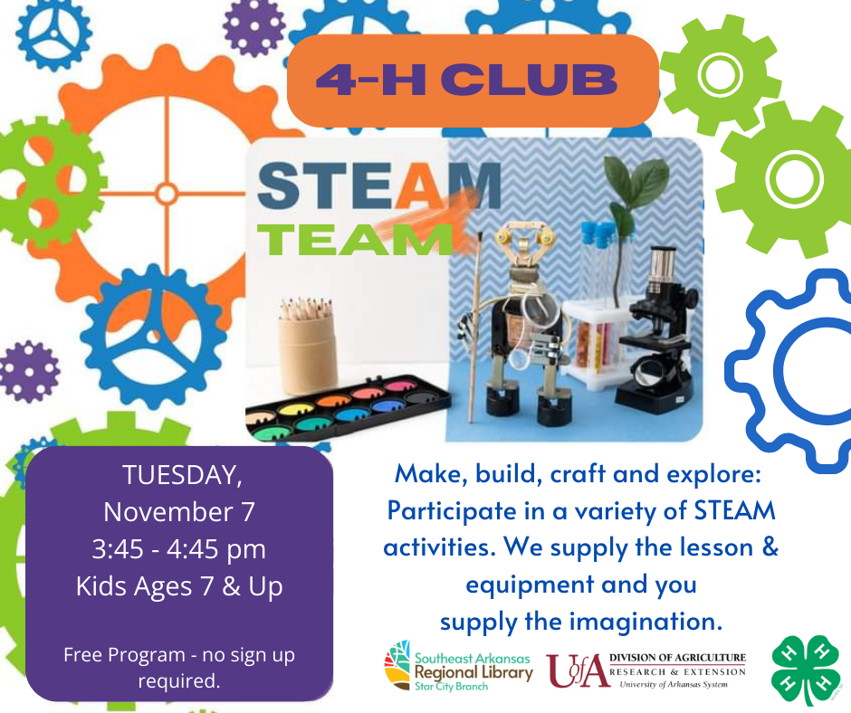 STEAM Team on November 7, 3:45 pm. Free program. 