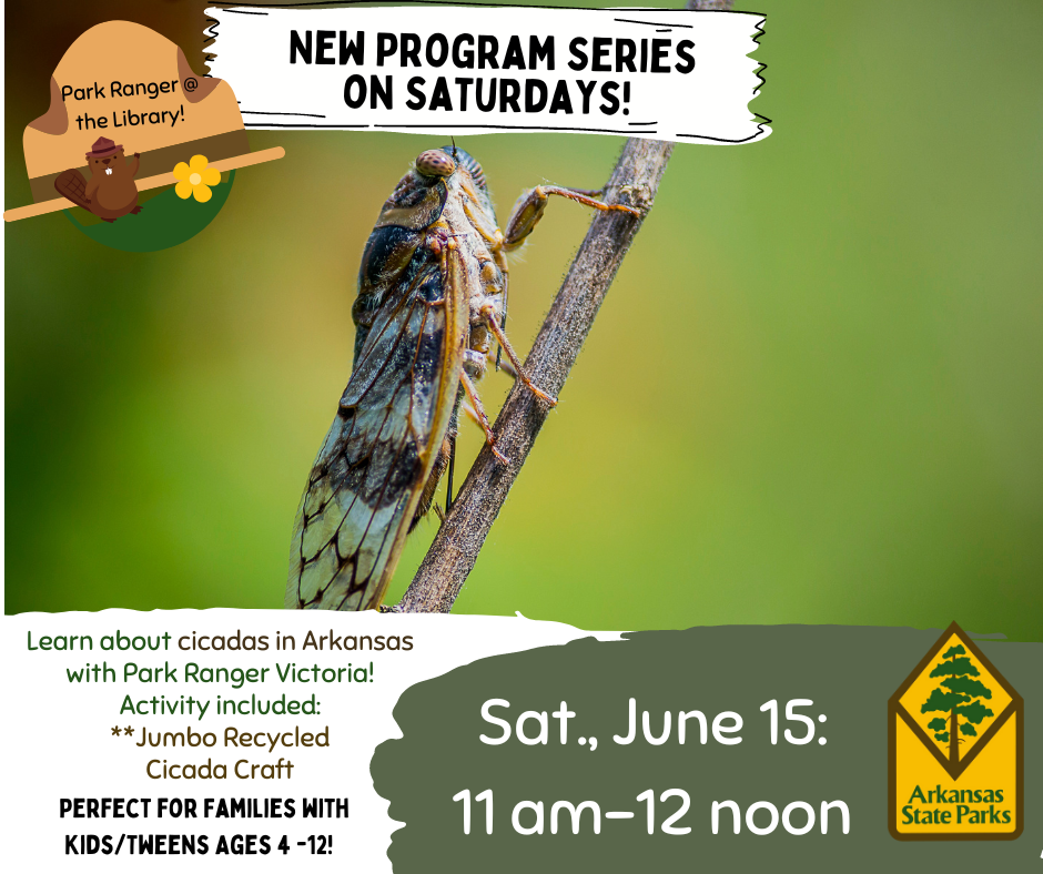 Park Ranger at the Library Advertisement for June 15 11am-12pm with a picture of Cane Creek Lake