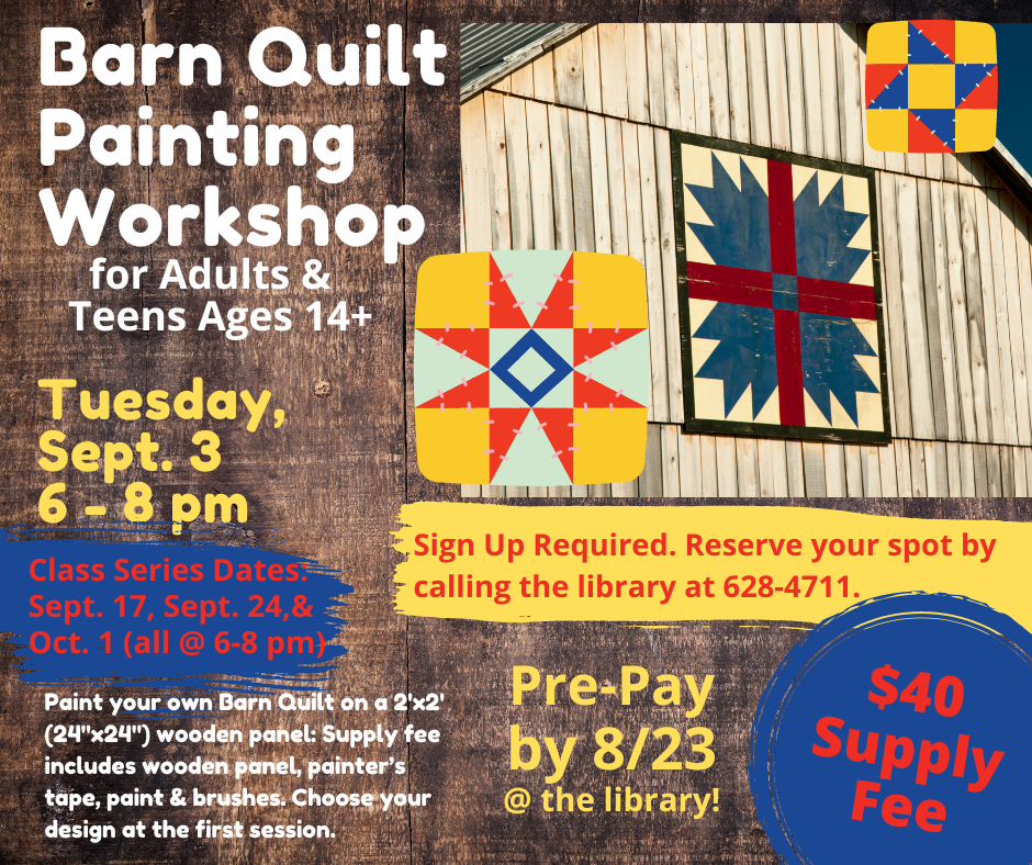 Barn Quilt Painting Workshop Advertisement with a few pictures of barn quilts