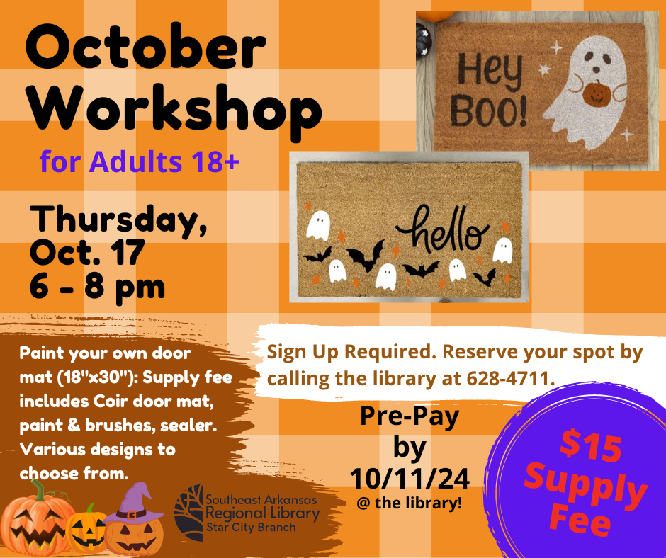 October Craft Workshop for Adults Thursday October 17, 6-8pm $15 supply fee