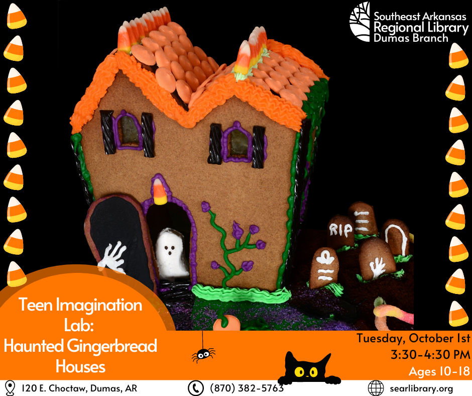 Image of a Halloween Gingerbread house with text saying Teen Imagination Lab: Haunted Gingerbread Houses