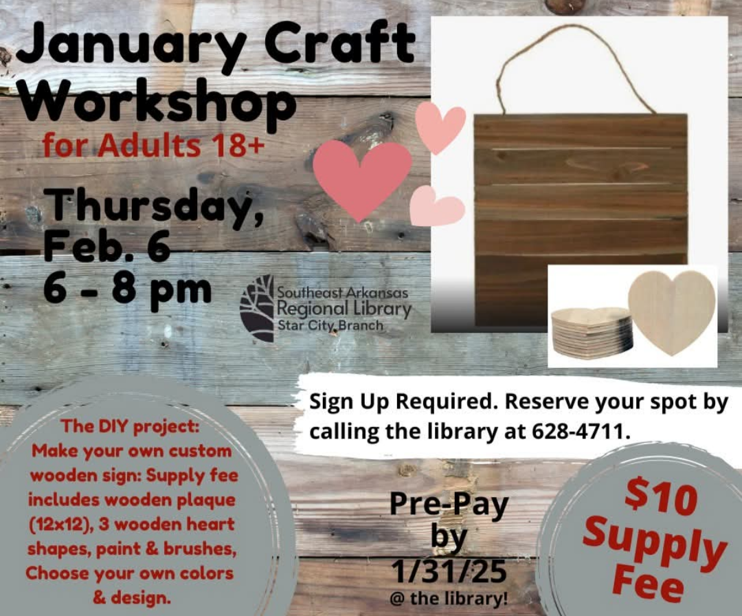 Craft Workshop for Adults Thursday February 6, 6-8pm $10 supply fee